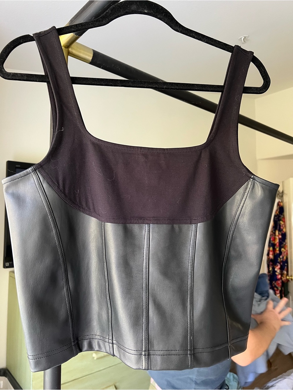 Black Faux Leather Anthropologie Paneled Corset Tank Top